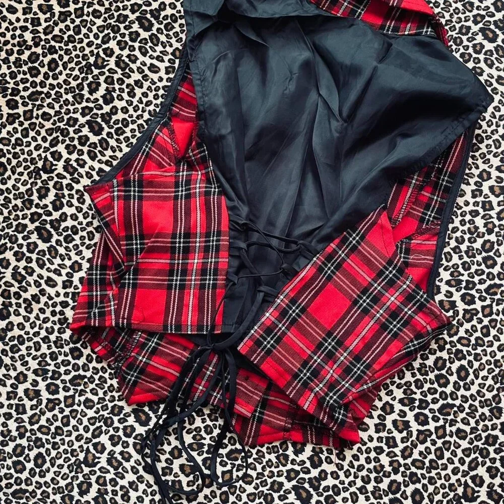 vintage plaid lace-up crop vest - Picture 4 of 6
